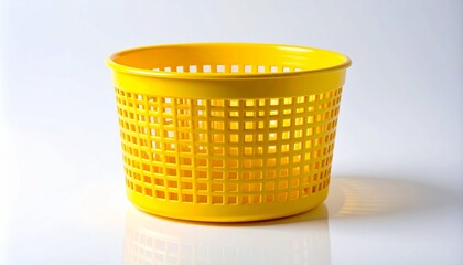 Bright Yellow Round Plastic Laundry or Storage Basket with Perforated Mesh Design Isolated on White Background