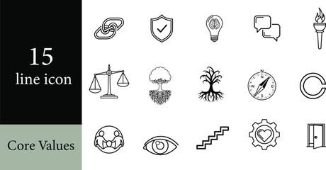Fototapeta premium Set of fifteen line icons representing core values and business ethics isolated on a white background for website or user interface design.