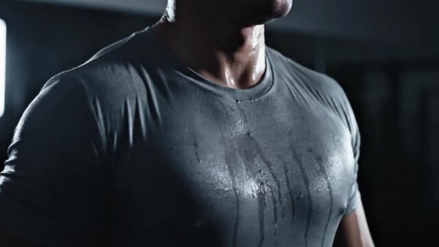 Man in Wet T-Shirt Dripping Sweat After Intense Gym Exercise