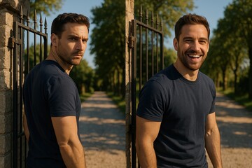 From Serious to Smiling: A Professional Portrait Diptych of a Man Captured at a Grand Gate Entrance