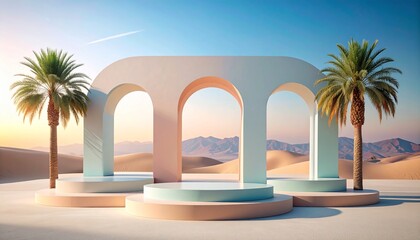 Minimalist Pink Arched Architecture with Product Display Podiums and Palm Trees Overlooking a Majestic Desert Mountain Landscape