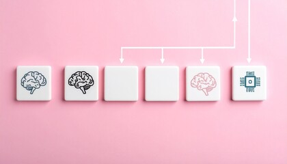 Conceptual Illustration of Artificial Intelligence and Data Processing with Brain and Microchip Icons on White Tiles and Pink Background