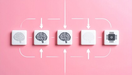 Conceptual Illustration of Artificial Intelligence and Data Processing with Brain and Microchip Icons on White Tiles and Pink Background