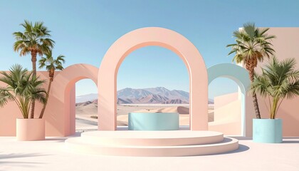 Minimalist Pink Arched Architecture with Product Display Podiums and Palm Trees Overlooking a Majestic Desert Mountain Landscape