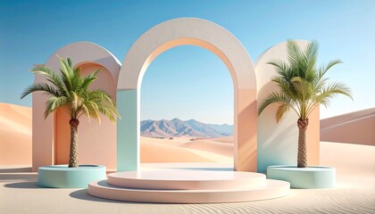 Minimalist Pink Arched Architecture with Product Display Podiums and Palm Trees Overlooking a Majestic Desert Mountain Landscape