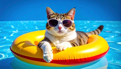 Cool Tabby Cat Wearing Sunglasses Relaxing on a Colorful Inflatable Ring in a Sunny Luxury Swimming Pool