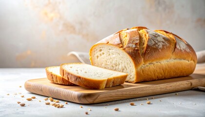 Freshly Baked Sliced Artisan Bread on Wooden Cutting Board with Wheat Stalks and Rustic Background