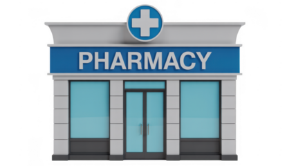 3D of a pharmacy storefront 3D building architecture isolated on a transparent background