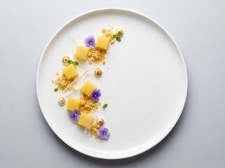 An exquisite fine-dining dessert plating with mango cubes, cookie crumble, burnt meringue, and edible violas arranged artistically on a pristine white ceramic plate.
