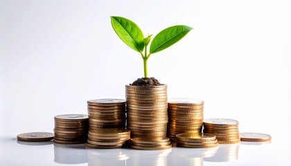 Conceptual Image of Profitable Investment and Sustainable Financial Growth with a Small Green Plant Sprouting from Stacks of Gold Coins Isolated on White Background