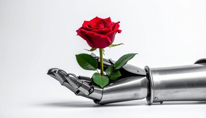 Concept of Chivalry and Romance with a Vibrant Red Rose Held in a Knight's Silver Armor Gauntlet Isolated on White Background