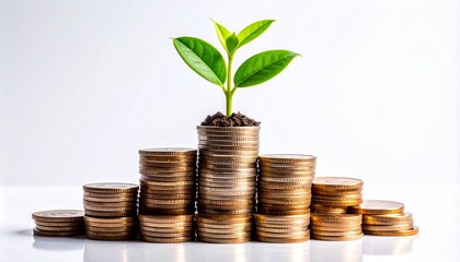 Conceptual Image of Profitable Investment and Sustainable Financial Growth with a Small Green Plant Sprouting from Stacks of Gold Coins Isolated on White Background