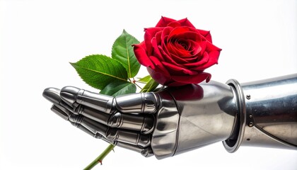 Concept of Chivalry and Romance with a Vibrant Red Rose Held in a Knight's Silver Armor Gauntlet Isolated on White Background