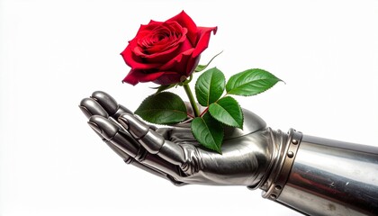 Concept of Chivalry and Romance with a Vibrant Red Rose Held in a Knight's Silver Armor Gauntlet Isolated on White Background