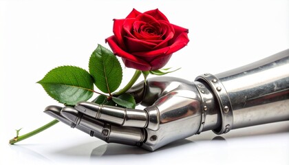 Concept of Chivalry and Romance with a Vibrant Red Rose Held in a Knight's Silver Armor Gauntlet Isolated on White Background