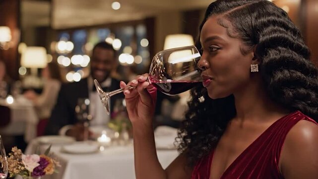 Elegant woman in red velvet dress sips wine in an upscale restaurant with soft lighting