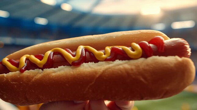 Hotdog Delight: Close-up shot of an irresistible hotdog, a symbol of American cuisine, nestled in a soft bun, generously drizzled with ketchup and mustard, a perfect match for any outdoor event.