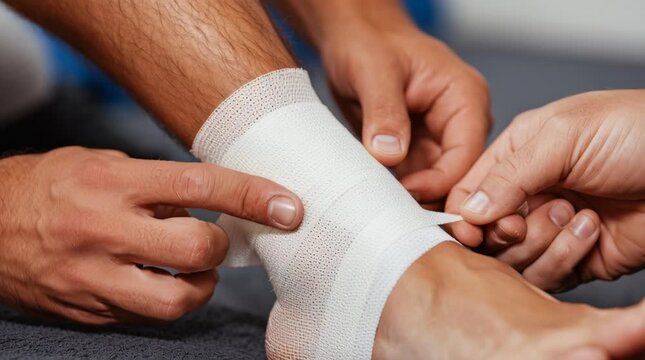 Bandaging the Ankle: Close-up shot showcases hands meticulously wrapping a fresh bandage around an ankle, focusing on the procedure in a medical environment.