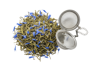Macro shot of emerald green loose-leaf tea and dried blue cornflower petals next to a metal mesh infuser on a high-key white background. Concept of sophisticated purity and brewing ritual