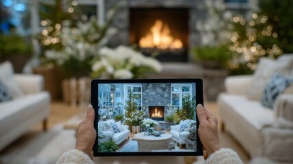 271Close-up of hands holding tablet showing 3D model of a contemporary living room, fireplace glowing, sofa set arranged, visualizing home renovation and design planning