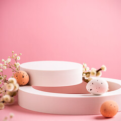 Composition with empty white podiums for products presentation or exhibitions on pink background with Easter quail eggs. Trend Concept with copy space.