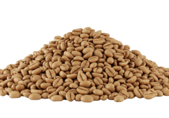 A voluminous, perfectly sculpted pile of golden light-roasted coffee beans, hyper-detailed macro close-up on a transparent background with abundant copy space, concept for beverage advertising