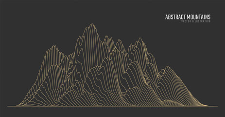 Contour mountain landscape. Waved line art. Abstract minimal topographic map. Contour lines with elevations and terrain depth. Vector illustration.