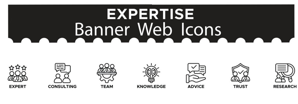 Expertise Web Banner Icons.Line and Glyph Icons for Specialized Skills Professional Knowledge Industry  Advanced Solutions and Mastery in Fields Editable Stroke Vector Format for Web and Print . 