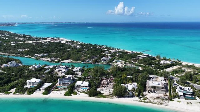 Leeward Beach In Providenciales Overseas Territory Turks And Caicos Islands. Stunning Tropical Coastline Beach Scene Viewed From Above. Town Sky Backgrounds Urban. Backgrounds Downtown Panoramic City.