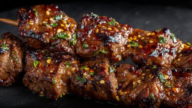 51Close-up overhead view of cooked meat skewers arranged diagonally, featuring juicy textures, smoky highlights, and deep shadows emphasizing the dark backdrop.