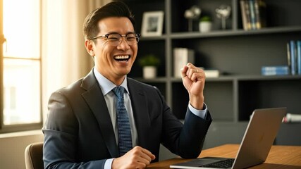 A successful businessman celebrates a victory while working on his laptop in a modern office environment filled with natural light. - Powered by Adobe