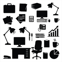 Office Workspace and Desk Equipment:


Office supply and workspace icons including computer, desk lamp, and stationery.