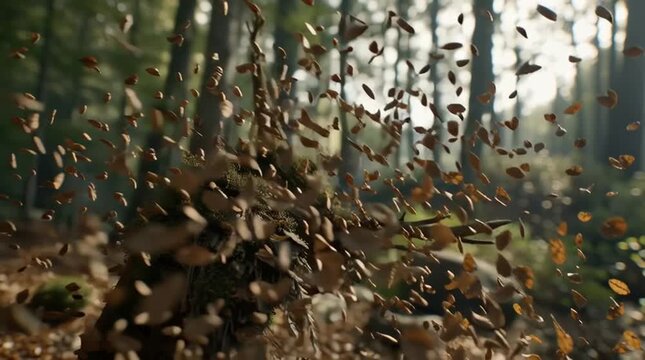 Cinematic visualization of Leshy dissolving into swirling leaves and roots, transforming seamlessly into the forest itself, symbolizing unity with nature, magic and ancient power.
