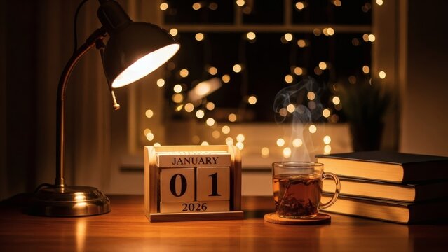 Cozy study desk with steaming tea and calendar on a quiet winter night