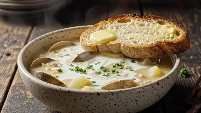Rustic bowl of steaming hot creamy clam chowder with toasted bread and melting butter, garnished with fresh herbs on a wooden table.