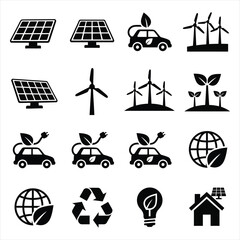 Renewable Green Energy and Ecology Icons: Sustainable energy icons featuring solar panels, wind turbines, and electric cars.