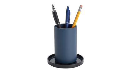 Blue pen holder with pens and pencil office supplies desk accessories isolated on a transparent background