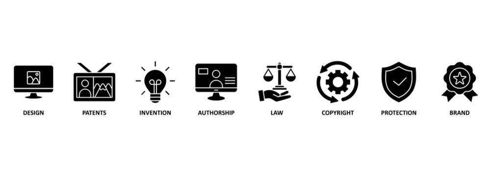 Intellectual property banner web icon vector illustration concept for trademark with icon of design, patents, invention, authorship, law, copyright, protection, and brand 
