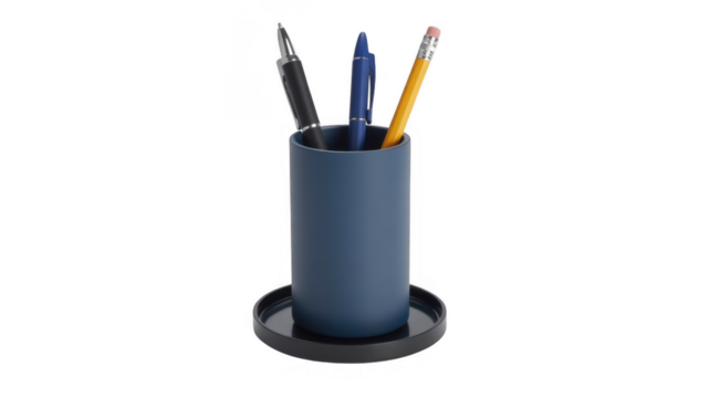 Blue pen holder with pens and pencil office supplies desk accessories isolated on a transparent background - Powered by Adobe