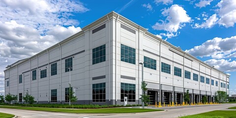 Large white commercial building with blue sky and clouds
