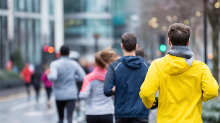 Faceless young group of friends running and jogging together heavily defocused city background anonymous people during winter or autumn urban fitness activity social exercise