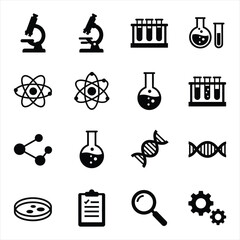 Scientific Laboratory and Research Icons: Set of science lab equipment icons including microscope, flasks, DNA, and atoms.