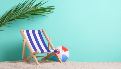 Beach scene with striped deck chair and beach ball against turquoise background evoking summer and relaxation