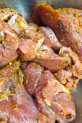 Raw Marinated Meat with Herbs and Spices for Culinary Preparations