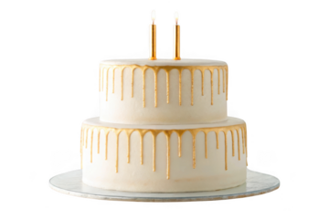 Two tier white drip cake with candles isolated on transparent background