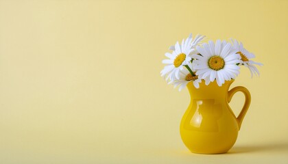 Bright yellow vase with white daisies against a light yellow background creating a cheerful and simple composition