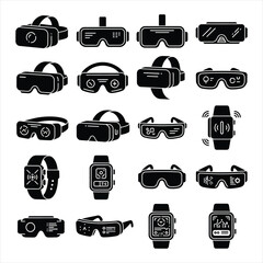 Virtual Reality and Smart Wearable Icons: Modern VR headset, augmented reality glasses, and smart technology wearable icons.