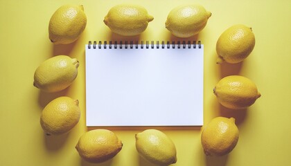 Bright yellow lemons surrounding a spiral notebook on a vibrant yellow background creating a fresh and creative composition