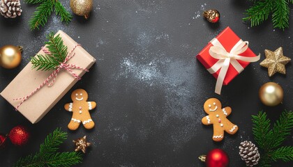 Christmas decorations featuring gingerbread men gift boxes pine cones and ornaments arranged festively