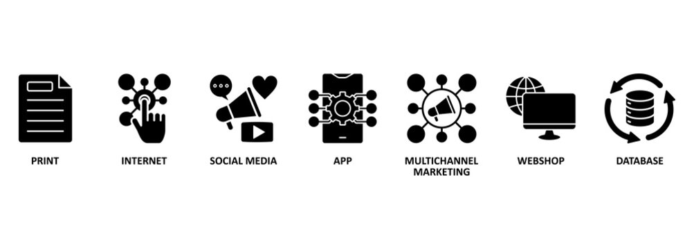 Cross-media banner web icon vector illustration concept with icon of print, internet, social media, app, multichannel marketing, webshop and database 